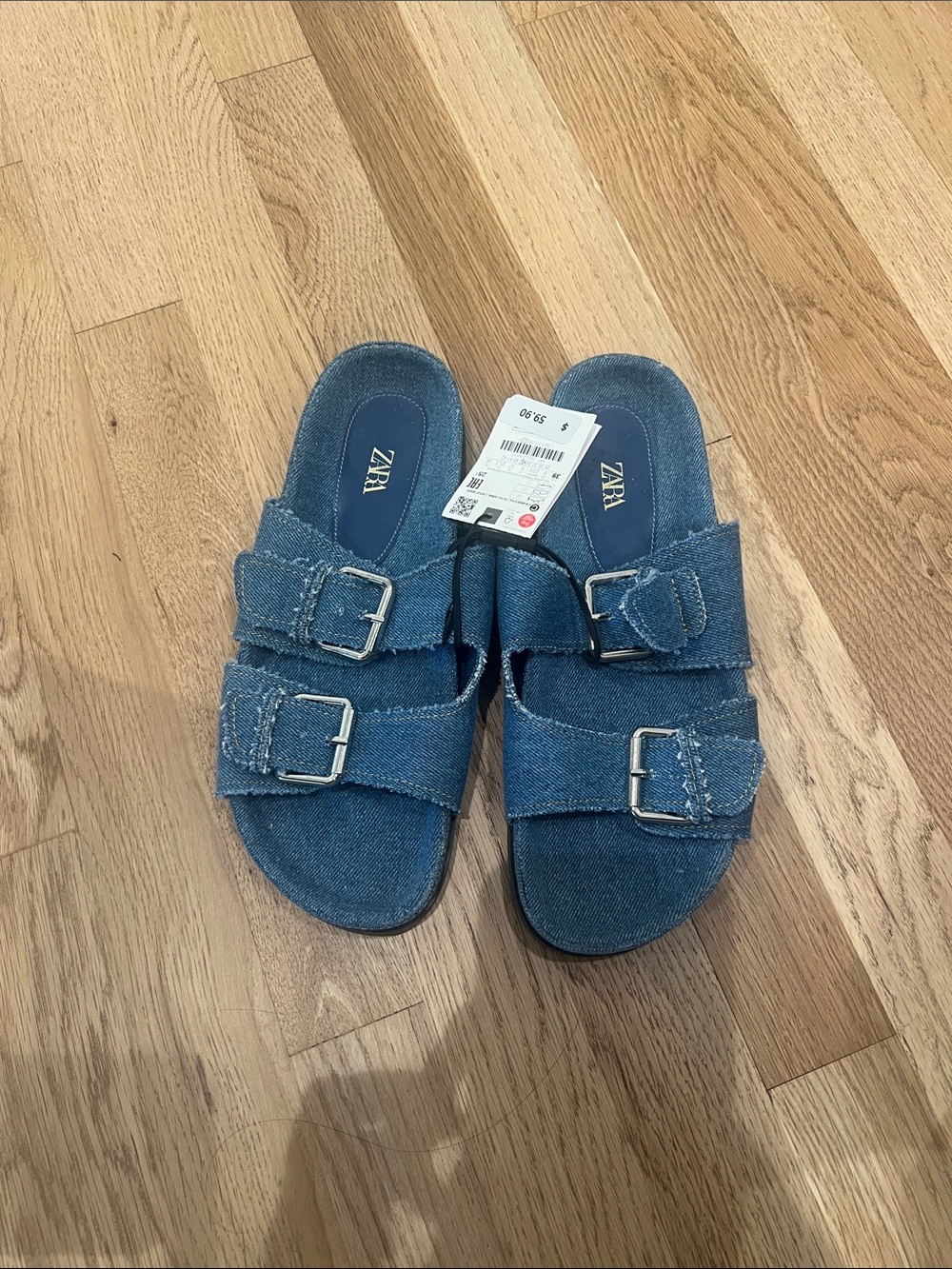 Zara Denim Blue Double-Buckle Slide Sandals - Picture 2 of 3